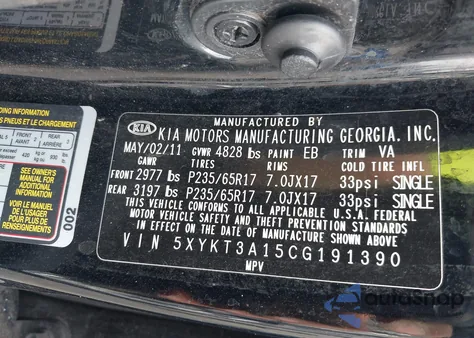 2012 Kia Sorento Lx z USA, uszkodzony, nr VIN 5XYKT3A15CG191390